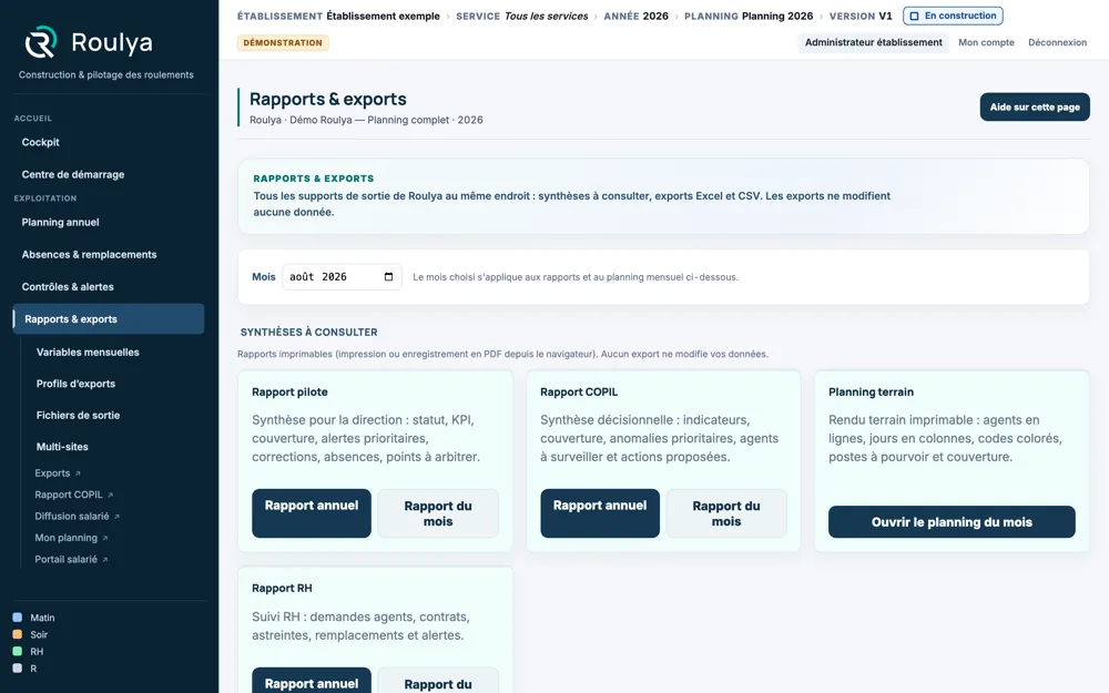 Écran Rapports et exports de Roulya : rapport pilote, rapport COPIL, planning terrain et rapport RH, chacun en version annuelle ou mensuelle.